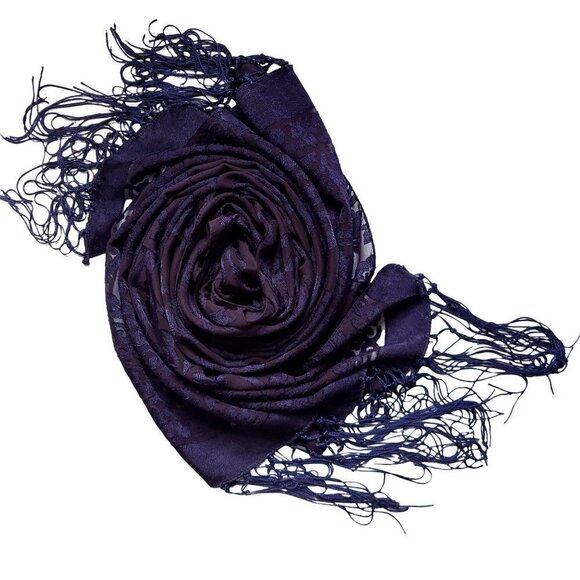 Unbranded Black/Navy Blue Silk Fringed Scarf - Picture 1 of 7